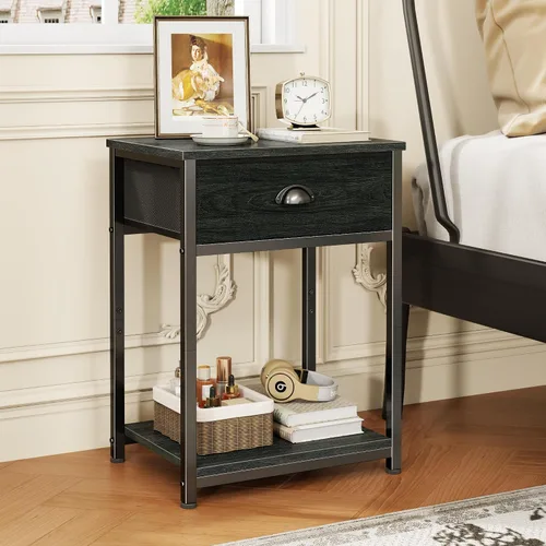 Miniatura 2 de Furologee Mesita de noche con cajón de tela y estante de almacenamiento, mesa auxiliar pequeña para espacios pequeños, mesa auxiliar industrial de 2