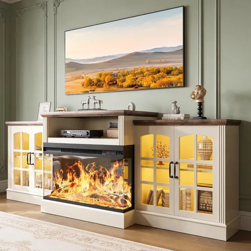 Miniatura 18 de oneinmil - Soporte de TV con chimenea de 59 pulgadas y vidrio en 3 lados para aparatos de hasta 65 pulgadas, centro de entretenimiento moderno