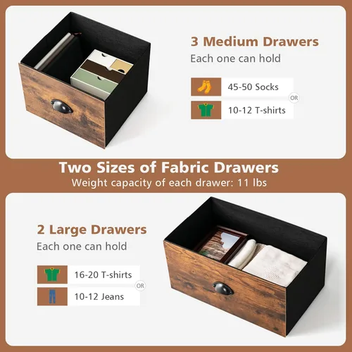 Miniatura 6 de LOKO Cómoda de 5 cajones para dormitorio, organizador rústico con cajones de tela y marco de acero sólido, cómoda ancha para armario, dormitorio