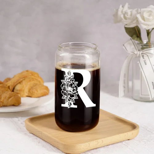 Miniatura 7 de Taza de Vidrio Inicial Coolife, Regalos Personalizados para Mujeres, Tazas de Vidrio de 16 oz con Tapas y Popotes, Vaso para Café Helado, Licuado