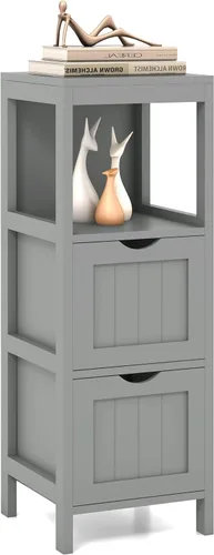 Miniatura 10 de Tangkula Armario de almacenamiento de baño pequeño con 2 cajones extraíbles, armario de piso independiente de madera para baño, dispositivo Negro