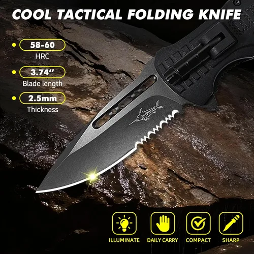 Miniatura 3 de XIPHIAS Cuchillo plegable de supervivencia - Multiherramienta de acero inoxidable con luz LED, iniciador de fuego, silbato y paracord, clip