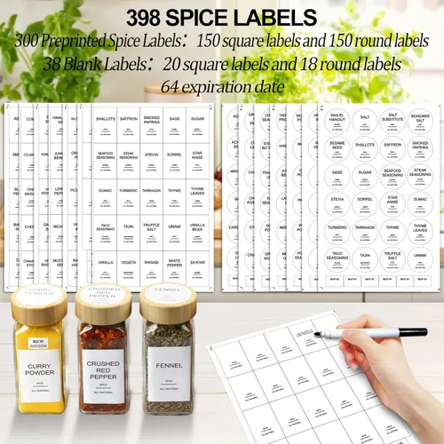 Miniatura 3 de AISIPRIN Tarros de especias de vidrio con 398 etiquetas, 24 piezas de recipientes de especias de 4 onzas con tapas de bambú, botellas cuadradas