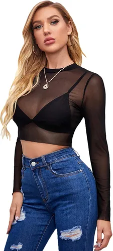 Miniatura 4 de Verdusa Camiseta básica de manga larga para mujer, de malla transparente