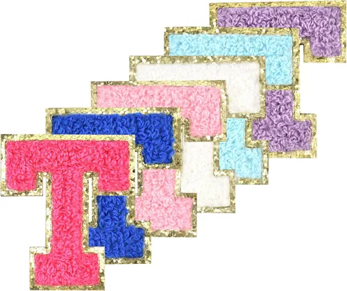 Miniatura 26 de 6 piezas de parches de letras de chenilla autoadhesivas con purpurina para planchar, parches de letras universitarias estilo preppy, letras difusas