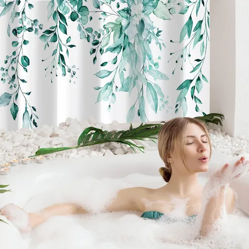 Miniatura 2 de Gibelle Cortina de ducha de eucalipto verde azulado, hojas de plantas de acuarela con diseño floral, juego de cortina de ducha de baño con ganchos