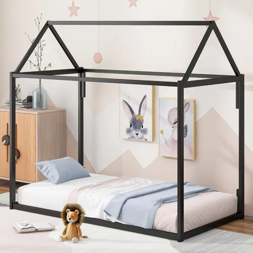 Miniatura 2 de Base de cama de metal de tamaño individual con plataforma en forma de casa de techo, para niños y niñas, soporte de metal resistente, perfecto