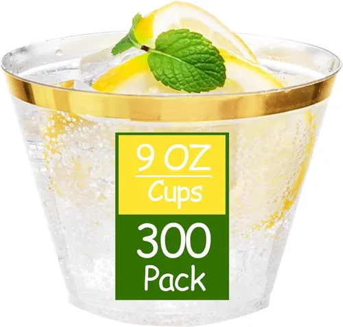Ciaell 300 vasos de plástico dorados – Vasos de plástico resistentes de 9 onzas – Copa desechable con borde dorado – Taza de vino transparente