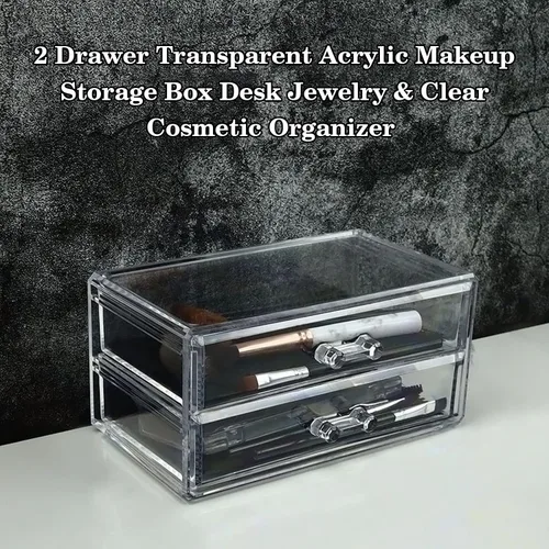 Miniatura 9 de Organizador de maquillaje de acrílico transparente con 2 cajones, caja de almacenamiento de maquillaje de escritorio y organizador de cosméticos