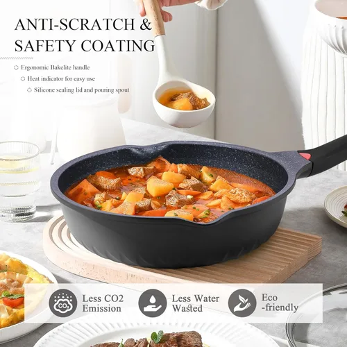 Miniatura 3 de Vinchef Nueva actualización de mango 11 Pulg/5Qt Sartén antiadherente de aluminio para freír en profundidad con tapa e indicador de calor, sartén