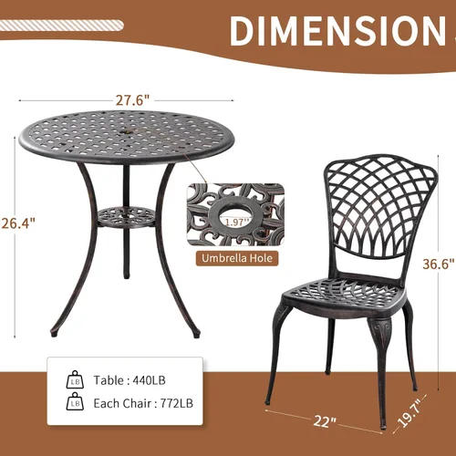 Miniatura 4 de Juego de Bistró de Patio de Bronce - Muebles de Exterior de Aluminio Fundido de 3 Piezas, Mesa Grande y Sillas, Resistente a la Intemperie, Corona