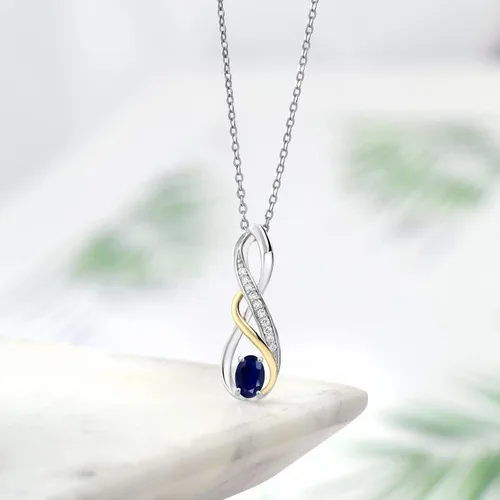 Miniatura 4 de Gem Stone King Collar con colgante de oro amarillo de 10 quilates y plata de ley 925, zafiro azul y diamante blanco cultivado en laboratorio