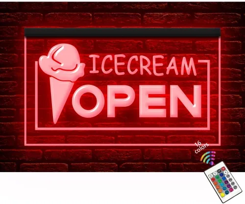 110009 Open Ice Cream Cafe Shop Store Bar Decoración del Hogar Display LED Letrero de neón (12 x 8 pulgadas, 16 colores por control remoto)