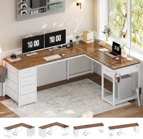 Miniatura 10 de Escritorio en forma de L de 57 pulgadas con 5 cajones, escritorio de esquina reversible para computadora con almacenamiento y tira de alimentación