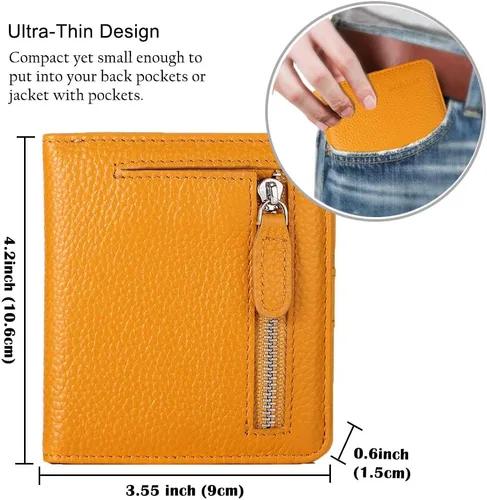Miniatura 6 de Funtor Cartera de cuero para mujer, pequeña y compacta, con bolsillo doble, bloqueo RFID, para mujer