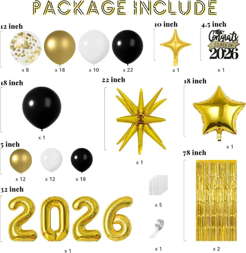 Miniatura 2 de Kit de arco de guirnalda de globos de graduación para decoraciones de graduación de clase de 2026, globos negros dorados y blancos de diferentes