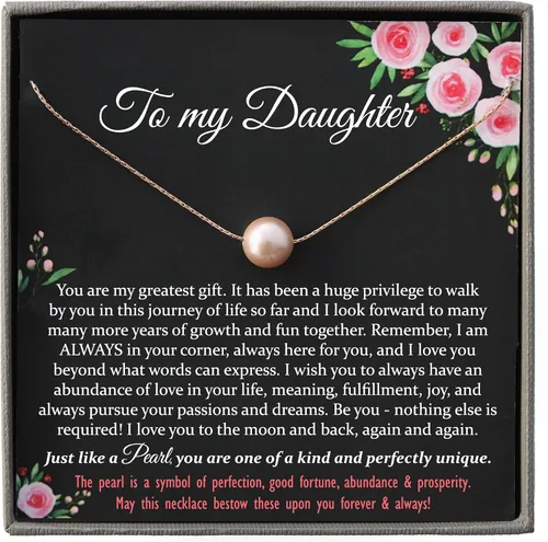 Collar de hija relleno de oro de mamá o papá, collar clásico de perlas blancas con mensaje significativo, listo para regalar