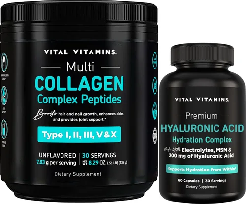 Vital Vitamins Polvo multicolágeno 30 porciones + complejo de hidratación de ácido hialurónico, 60 unidades