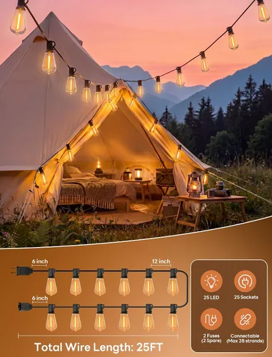 Miniatura 2 de 25FT LED Outdoor String Lights, ST38 Patio Lights Waterproof with 25 Shatterproof Edison Bulbs, Connectable Outside Hanging Light for Porch, Garden