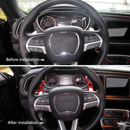Miniatura 2 de Cubierta extendida para palanca de cambio de volante de aluminio plateado para Dodge Charger 2015+/Chrysler 300 2015-2021 (Rojo con agujero)