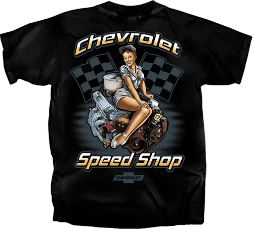 Gildan Chevrolet Speed Shop Pin-up - Camiseta para hombre, talla XL, color negro, Extragrande, Negro