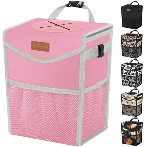 Miniatura 13 de Pritent Bote de basura para automóvil con tapa, lindo cubo de basura a prueba de fugas para colgar el vehículo, pequeño organizador portátil