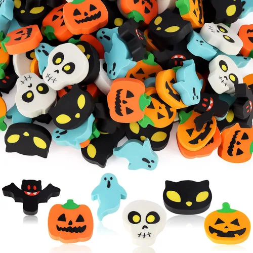 AIQINHU Borradores de Halloween para niños a granel, 50 piezas grandes de Halloween, calabaza, fantasma, cráneo, murciélago, borradores para truco o