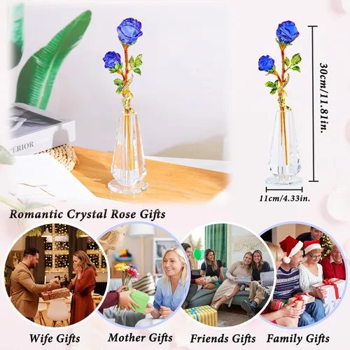 Miniatura 3 de YWHL Figura de flor de rosa azul hecha a mano con florero, ramo de flores de cristal, adorno de rosas para novia, hermana, mujer, flor de cristal