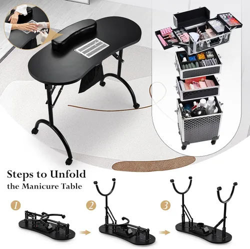 Miniatura 3 de Faquenc Mesa de manicura plegable para uñas con colector de polvo + estuche de maquillaje 4 en 1 rodante para estilistas móviles, artistas, salón