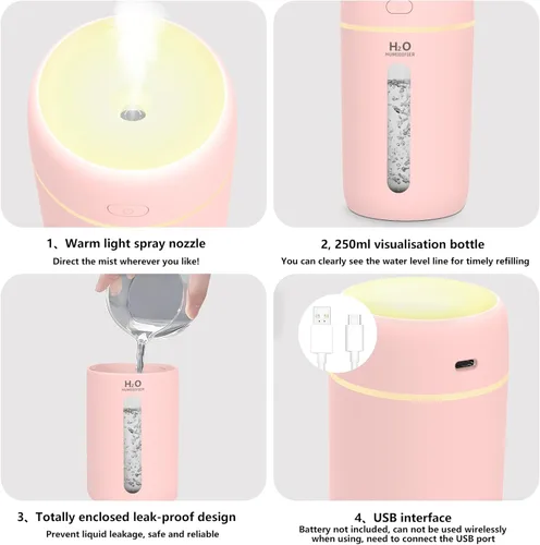 Miniatura 4 de Lisacool Humidificador pequeño, mini humidificador portátil para dormitorio, oficina, automóvil, viajes con luz nocturna, apagado automático, súper