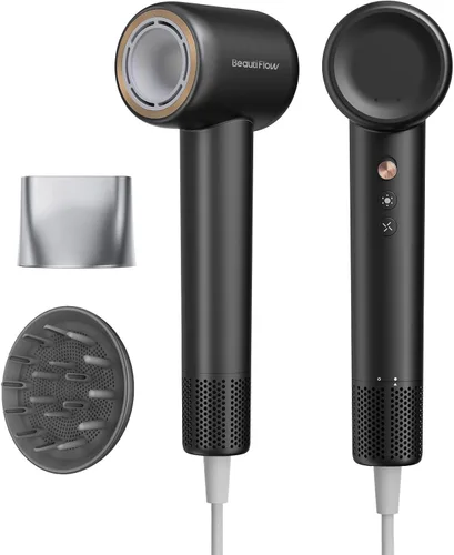 Secador de Pelo BeautiFlow 110,000 RPM Motor Sin Escobillas de Alta Velocidad Iónico, con Difusor y Boquilla Suavizante, Bajo Nivel de Ruido, Ligero