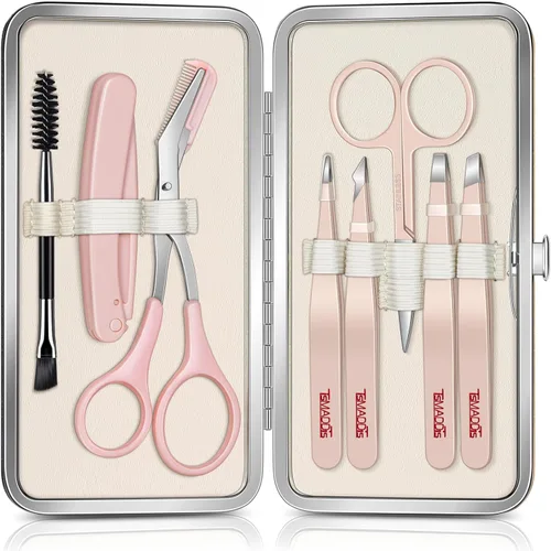Miniatura 10 de TsMADDTs Pinzas para mujeres, kit de cejas 8 en 1 con pinzas, recortadora, tijera, navaja, cepillo con bolsa de viaje, kit para dar forma a las cejas