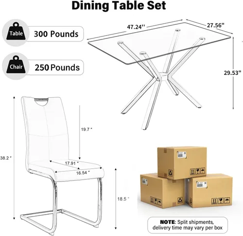 Miniatura 2 de Mesa de comedor de 5 piezas de 47 pulgadas con 4 sillas de piel sintética, juego de mesa de comedor moderno para 4, mesa de cocina rectangular