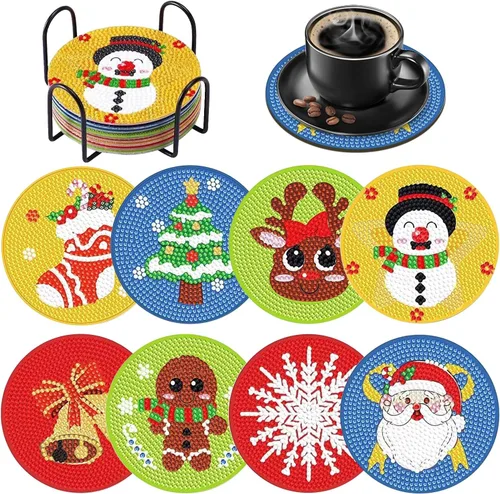 Miniatura 8 de FOWSEEK 8 Piezas Posavasos de Arte de Pintura de Diamantes de Navidad, Kit de Posavasos de Arte de Diamante DIY con Soporte para Adultos