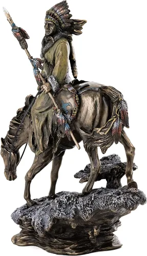 Miniatura 2 de Top Collection Plains Indian Riding Roans Horse in Snowy Road Estatua – Escultura indígena nativa americana en bronce fundido en frío de primera