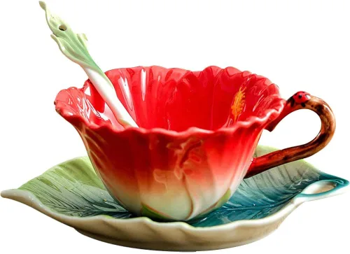 Miniatura 9 de WAYUTO Juego de taza de café y platillo de cerámica 3D con cuchara, hoja de flor, taza de café, taza de té con mango decorativo, tazas florales Rosa