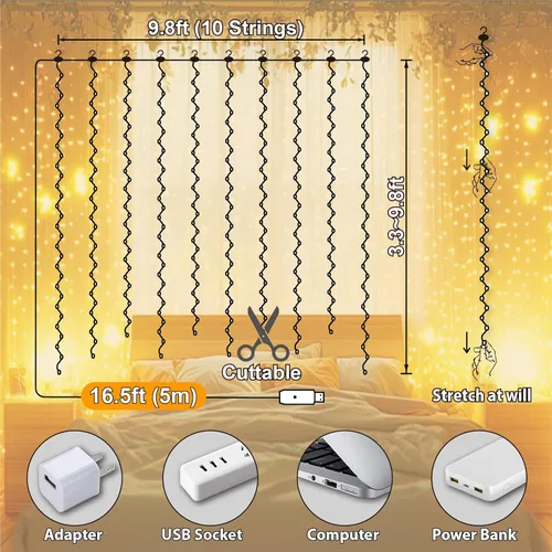 Miniatura 6 de Luz de cortina blanca cálida para dormitorio, 300 LED, 3m x 3m, luz de cadena de hadas para ventana con 16 ganchos, 8 modelos, control remoto