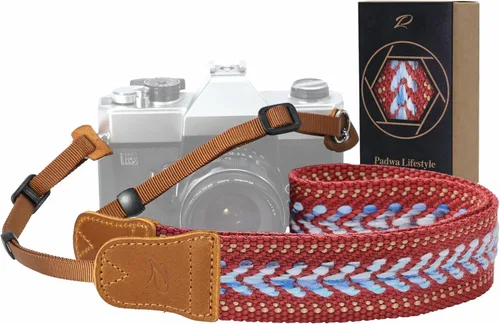 Miniatura 23 de Padwa Lifestyle Correa de cámara con rayas - 1.5" Correa suave de cuerda trenzada de algodón con cabezal de cuero vacuno Crazy Horse para el hombro