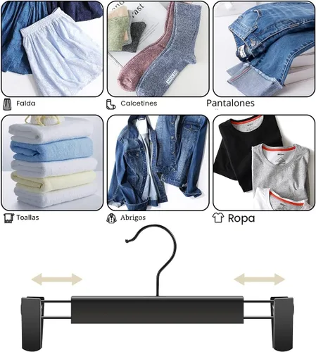 Miniatura 4 de GUANJUNE Paquete de 10 perchas para ropa y pantalones, soportes para faldas que ahorran espacio con ganchos giratorios de 360°, clips ajustables