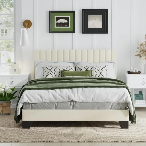 Miniatura 10 de Marco de cama tamaño Queen, cama plataforma tapizada en terciopelo con cabecero acolchado ajustable, marco resistente y listones, silencioso,