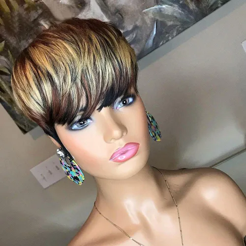 Miniatura 22 de PangDongLai Pelucas de cabello humano con corte Pixie para mujeres negras, pelucas de corte Pixie en capas con flequillo, sin pegamento, cabello