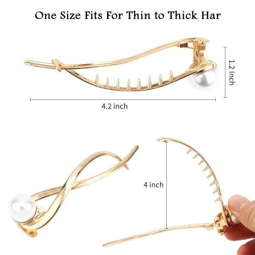 Miniatura 4 de Ahoney 4 pasadores de perlas para mujer, pinzas francesas 4.2 con perlas elegantes para cabello grueso (plata + dorado)