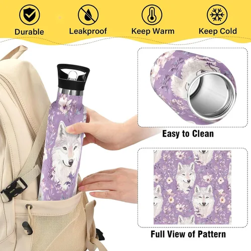 Miniatura 4 de Insulated Water Bottle with Straw Double Wall Vacuum Insulated Lightweight for Sports, Travel, and School, Sweet Wolf Purple 17