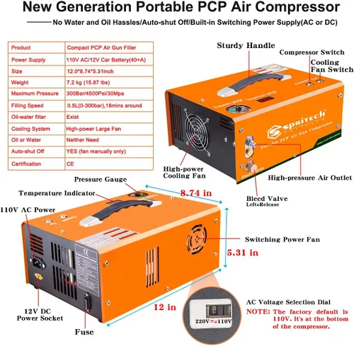 Miniatura 2 de Compresor de aire PCP, apagado automático de 4500 Psi/30 Mpa sin aceite/agua, pistola de aire de presión establecida y bomba de tanque de paintball