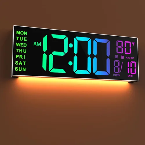 JALL Reloj digital grande de montaje en pared de 16 pulgadas, temporizador de cuenta atrás, alarma, LED grande, 8 colores RGB, DST, temperatura para