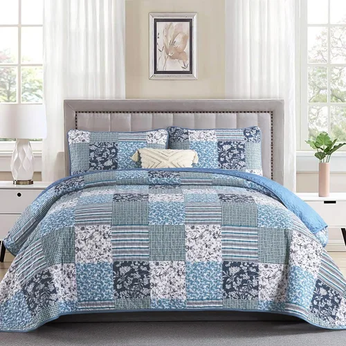 Miniatura 9 de Mybedsoul Juego de edredón bohemio beige tamaño individual, juego de colcha floral a cuadros de 3 piezas, juego de ropa de cama reversible
