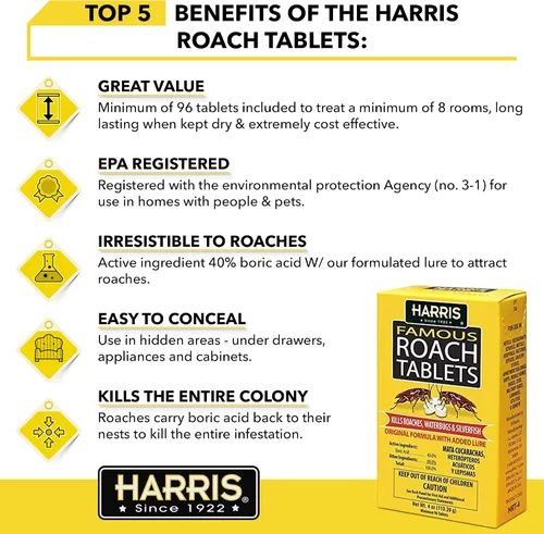 Miniatura 3 de Tabletas para cucarachas Harris, polvo mata cucarachas de ácido bórico con señuelo para insectos (4 oz, 96 tabletas)