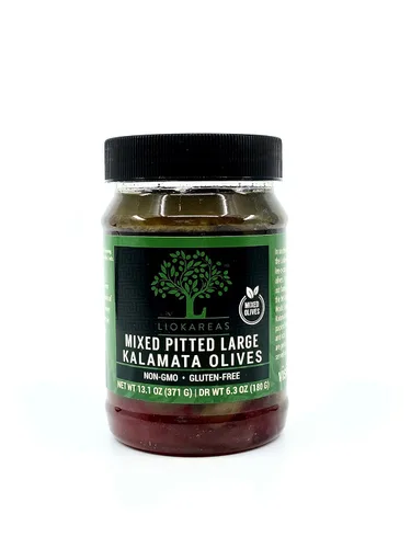 Aceitunas grandes griegas mixtas sin hueso - Aceitunas Kalamata y verdes (Halkidiki) - 13.1 oz - Orgánico - Sin gluten - Sin OMG - Paleo - Keto -