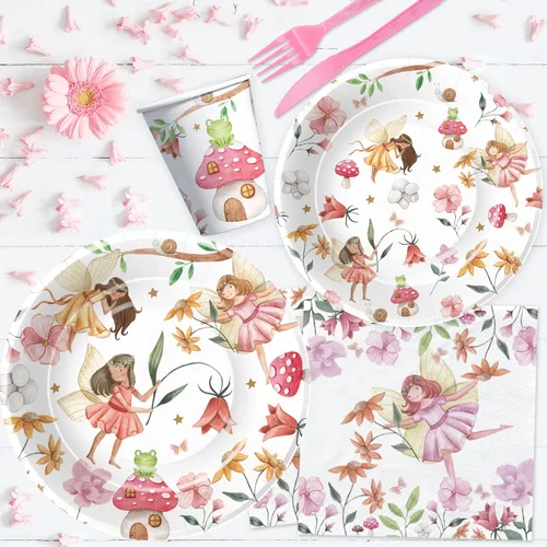 Miniatura 5 de Xigejob Vajilla de decoración de fiesta de hadas, suministros para fiesta de cumpleaños de hadas, plato, taza, servilleta, mantel, cubiertos, hadas