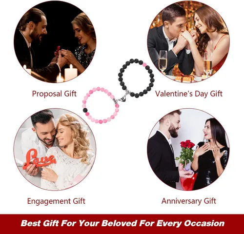 Miniatura 91 de 2 pulseras magnéticas para parejas, piedra natural negra mate, cristal para votos de amor eterno, juego de pulseras de cuentas de piedra de energía